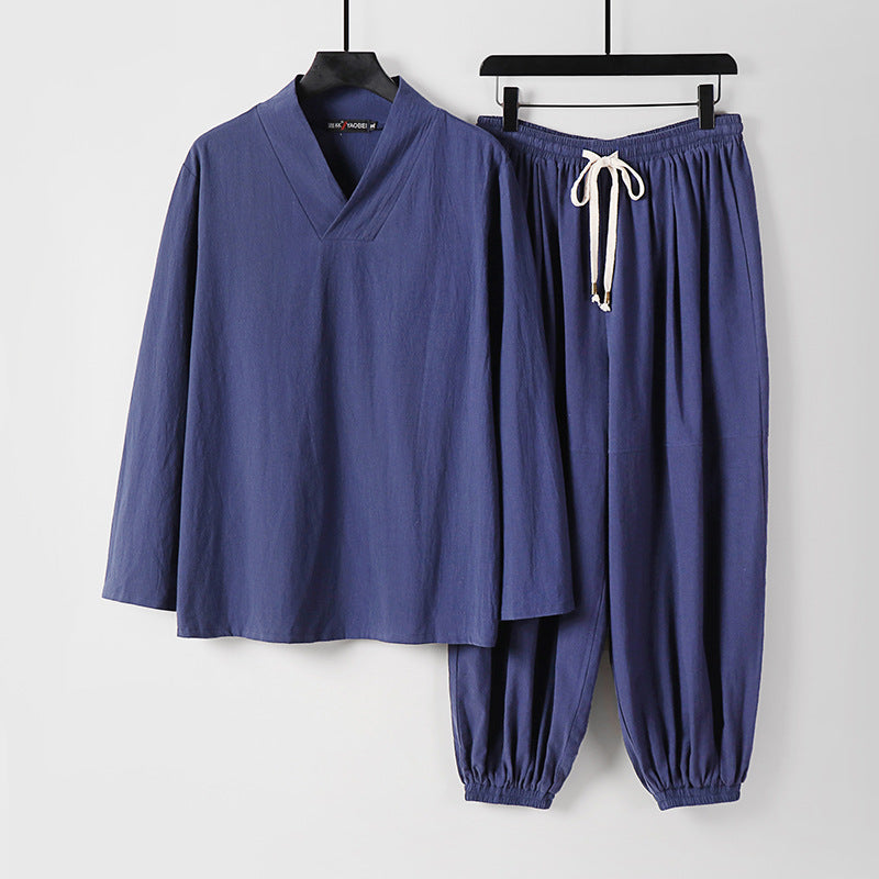Men's Loose Linen Loungewear Set with V-Neck Elastic Waist and Gathered Ankles Mune Fashion
