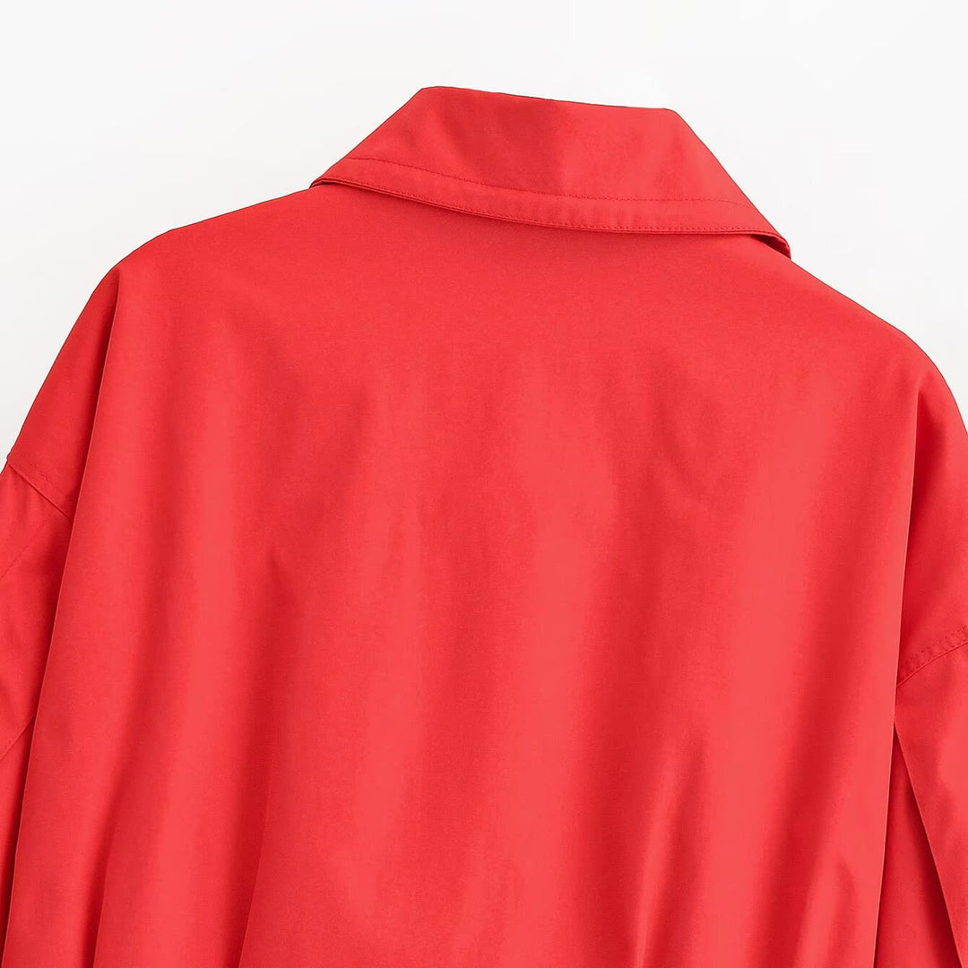 Women's Short Cut Boxy Transitional Jacket with Tying Belt and Shirt Collar Mune Fashion