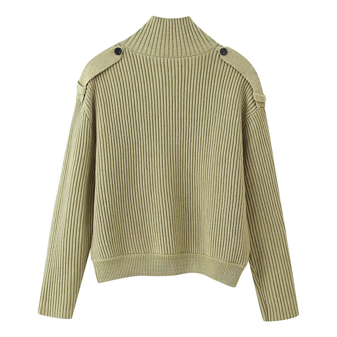 Women Ribbed Knit Cardigan with High Stand-up Collar and Button Placket Mune Fashion