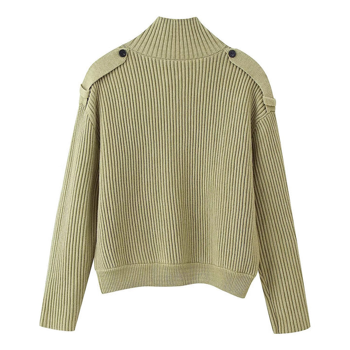 Women Ribbed Knit Cardigan with High Stand-up Collar and Button Placket Mune Fashion