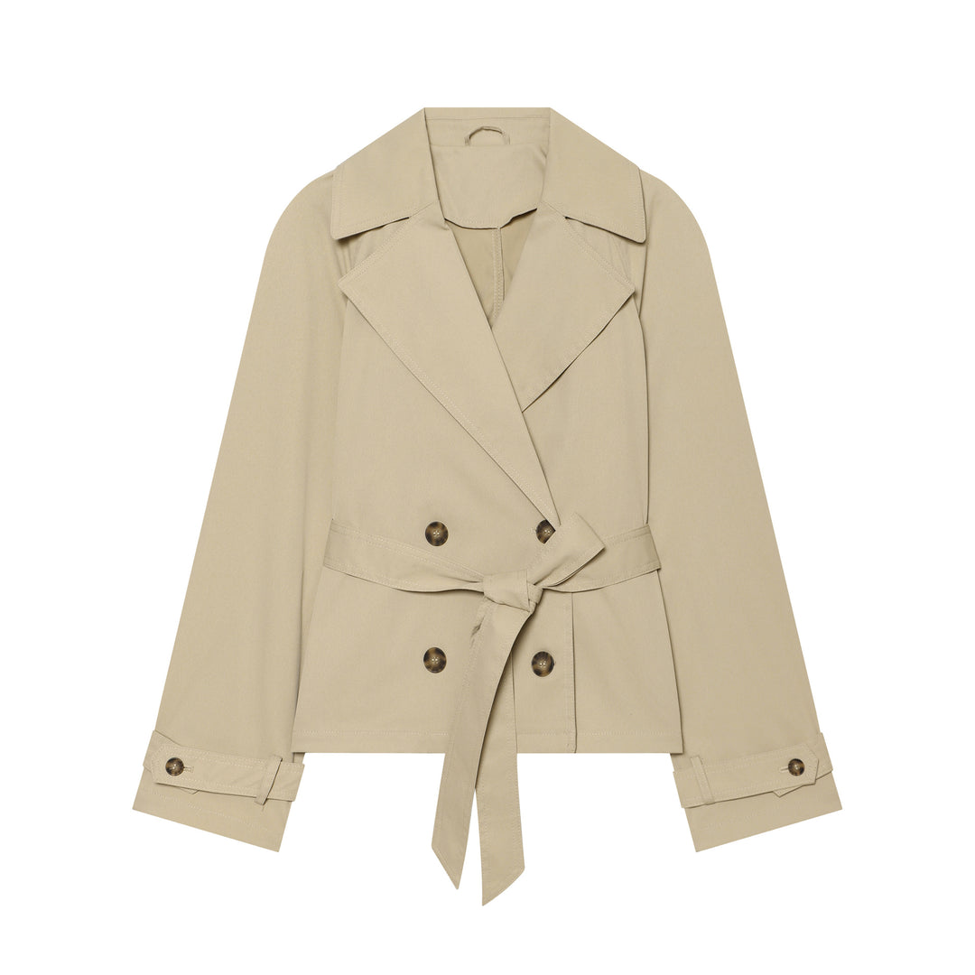 Women’s short tailored trench jacket with belt, double-breasted button placket and wide lapels Mune Fashion