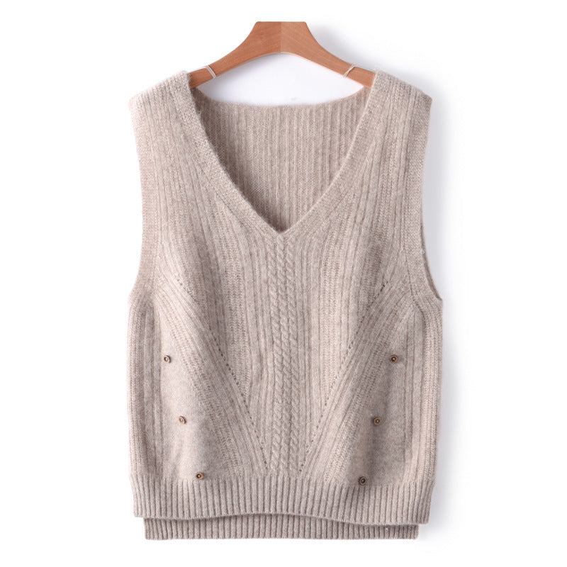 Women's Knit Long Vest with V-Neck, Cable Pattern and Side Button Placket Mune Fashion