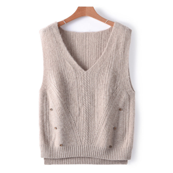 Women's Knit Long Vest with V-Neck, Cable Pattern and Side Button Placket Mune Fashion