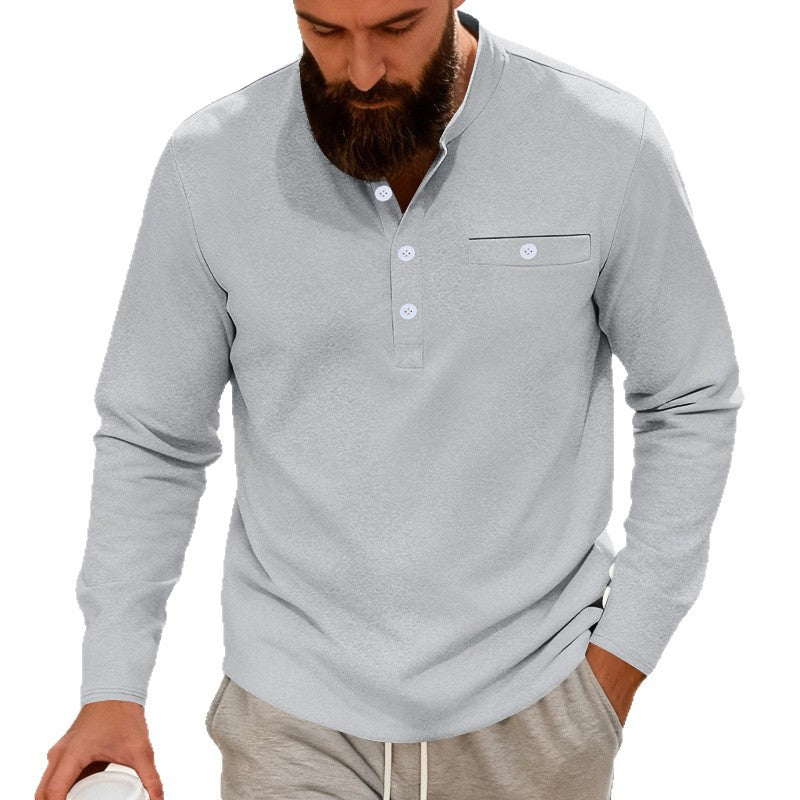 Men's Casual Henley Long Sleeve Shirt with Stand-Up Collar, Chest Pocket, and Curved Hem Mune Fashion