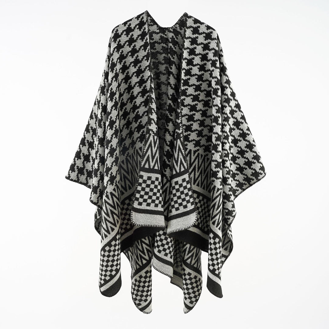 Women's Jacquard Cape Poncho with Houndstooth and Geometric Pattern Mune Fashion