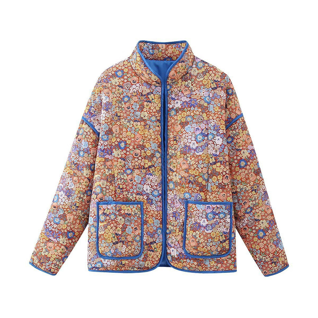 Women's nan quilted stand-up collar jacket with floral vertical print, patch pockets, and contrasting piping Mune Fashion