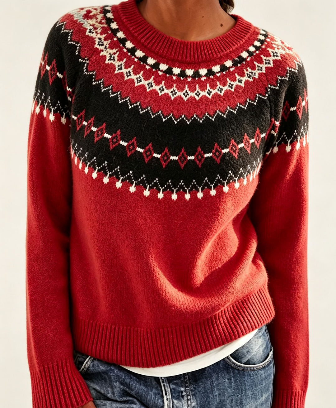 Women Round Neck Norwegian Sweater with Fair Isle Jacquard Mune Fashion