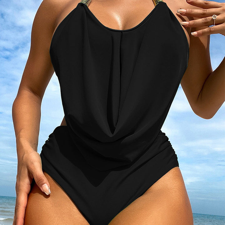 Women's One-Piece Swimsuit with Elegant Draping and Golden Accent Mune Fashion