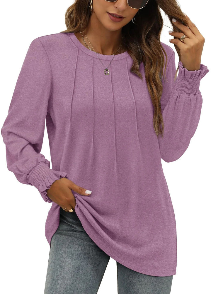 Women's long sleeve tunic with vertical pintucks and gathered ruffle cuffs Drune