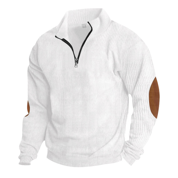Men's knitted fine knit pullover with short zipper stand-up collar and leather-look elbow patches Mune Fashion