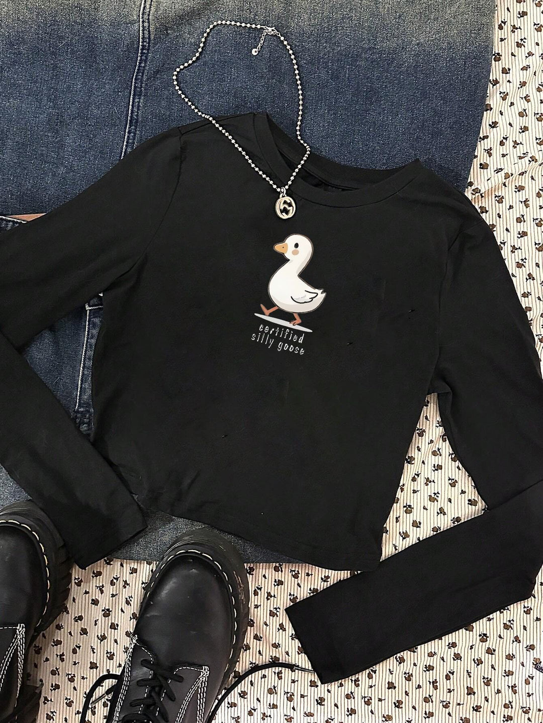 Ladies' figure-hugging long sleeve shirt with cute goose print, round neckline, and lightweight stretch Mune Fashion