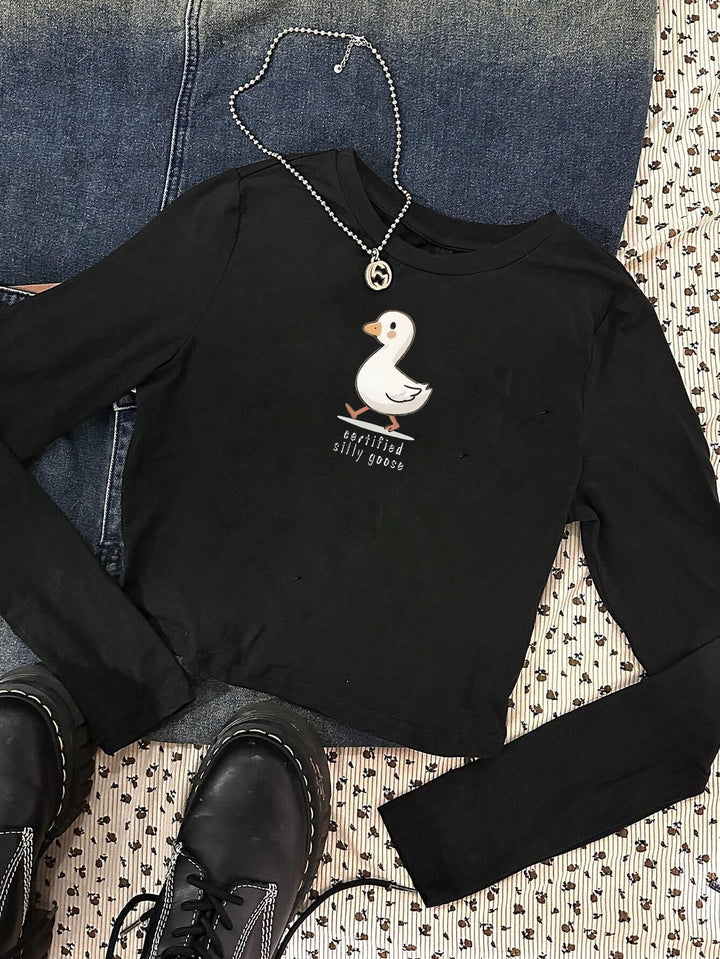 Ladies' figure-hugging long sleeve shirt with cute goose print, round neckline, and lightweight stretch Mune Fashion