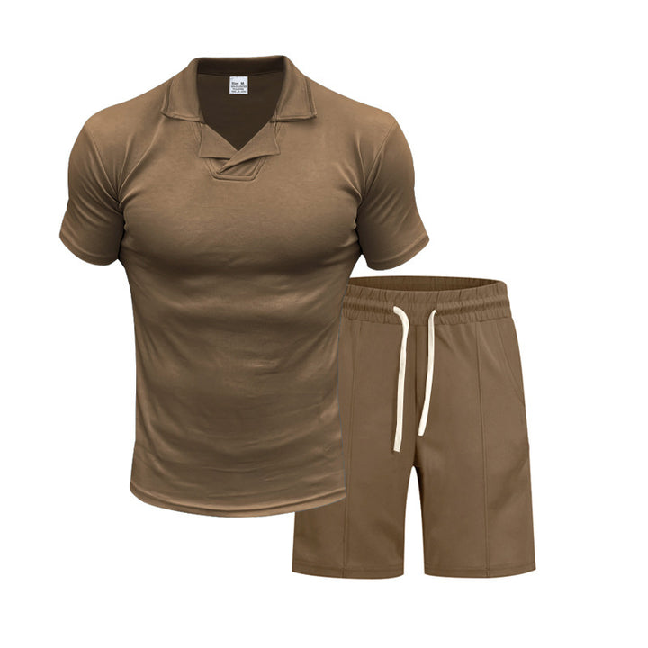 Men's short-sleeved polo lounge set with V-insert at the collar and drawstring bermuda Mune Fashion