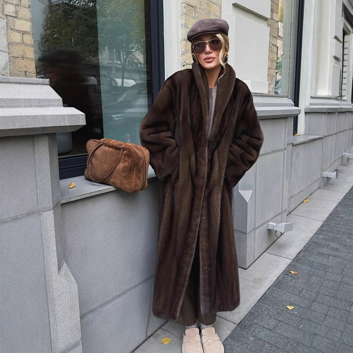 Women Long Faux Fur Coat with Stand-Up Collar and Oversized Fit Mune Fashion