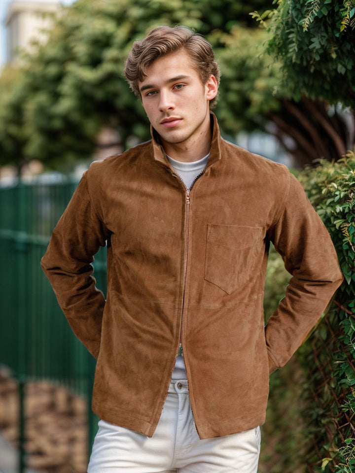 Men's suede leather jacket with stand-up collar and chest pocket Mune Fashion