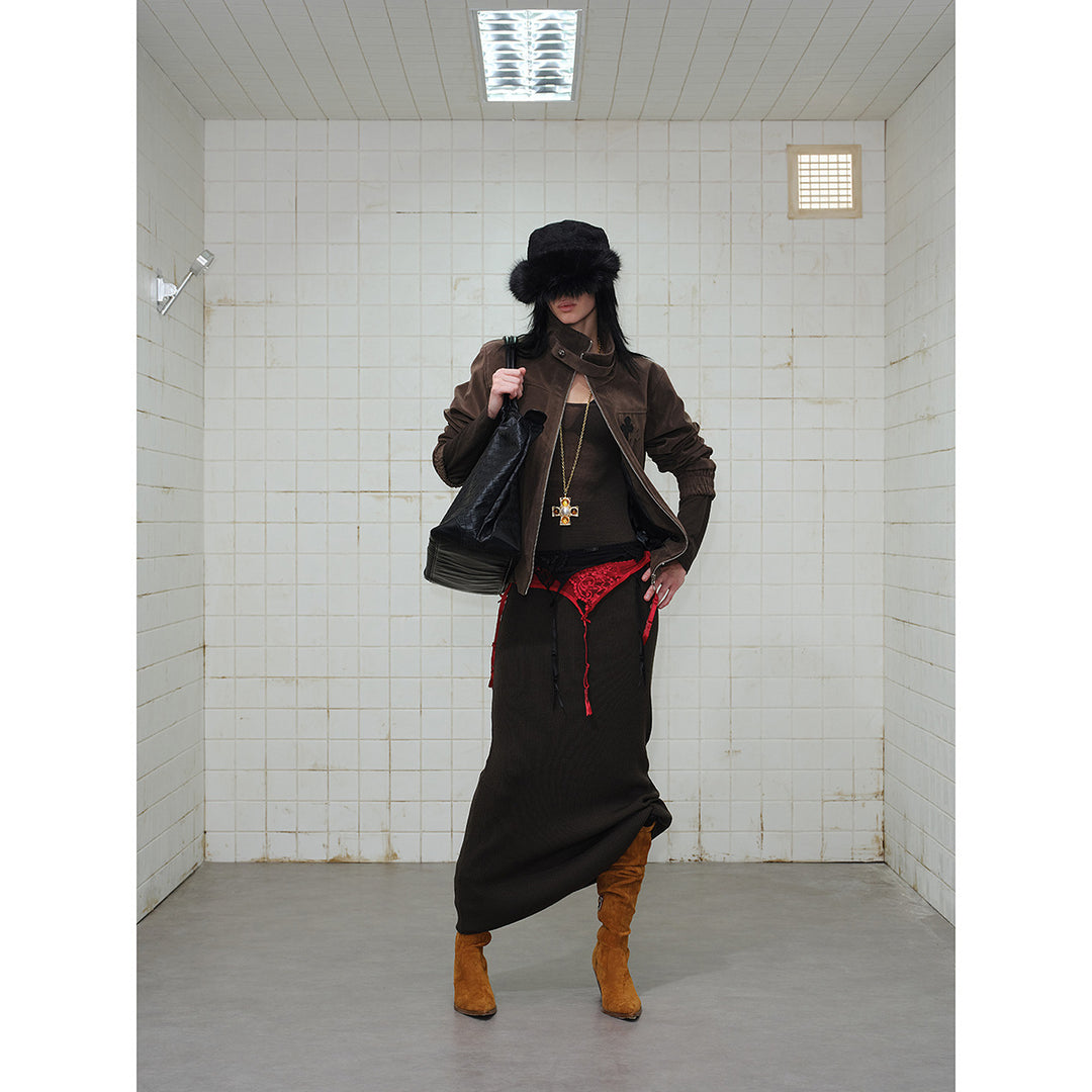 Men's short cut velour blouson jacket with funnel collar, patch pockets, and decorative cross application Mune Fashion