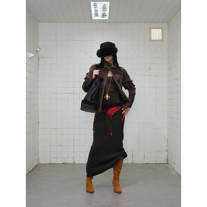 Men's short cut velour blouson jacket with funnel collar, patch pockets, and decorative cross application Mune Fashion