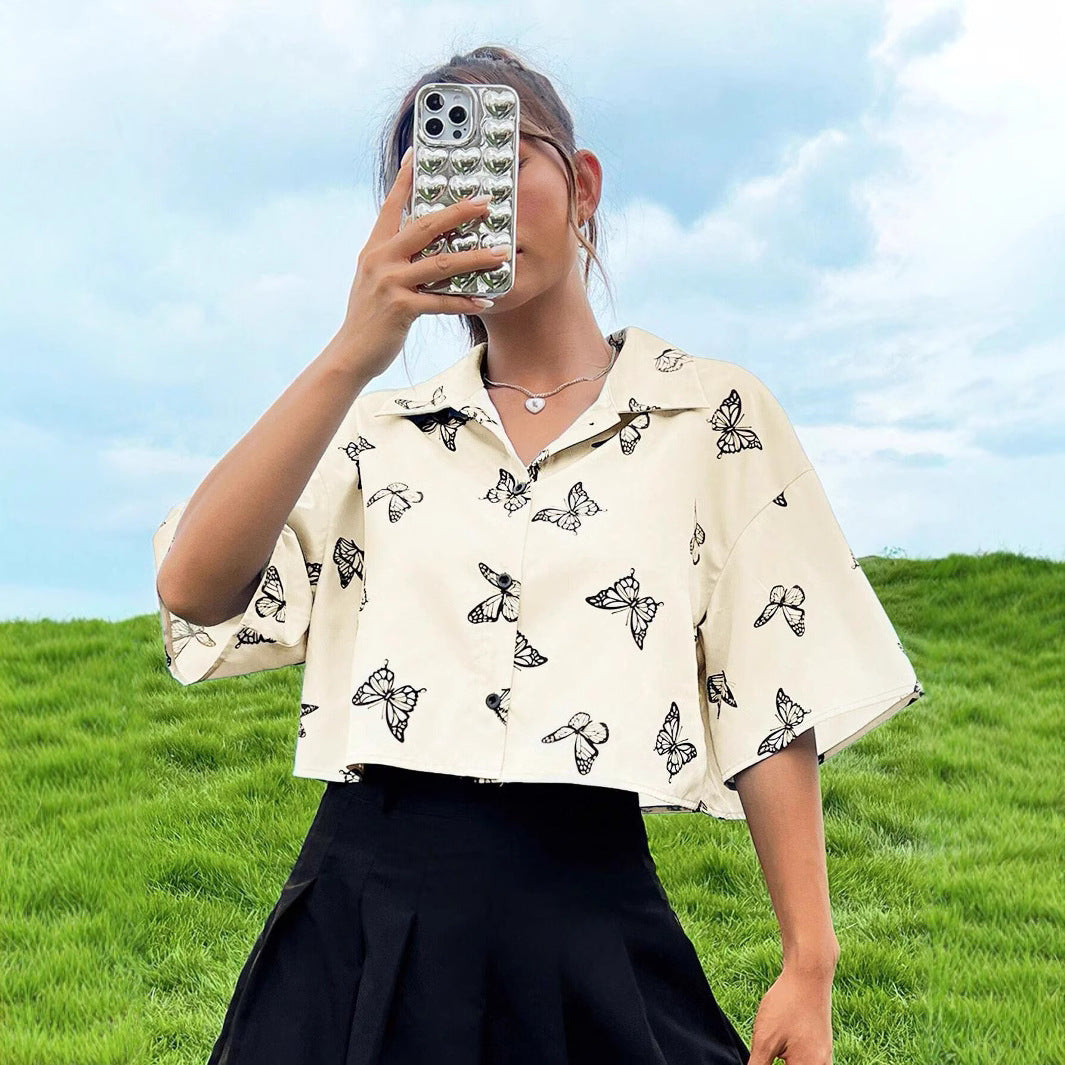 Women's Short Cropped Boxy Shirt Blouse with Butterfly Print Drune
