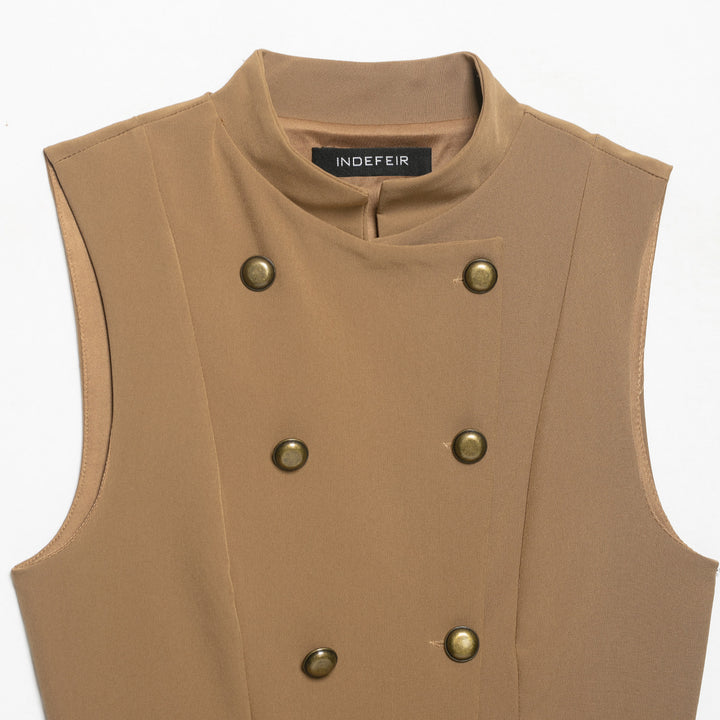 Women Double-Breasted Tailored Vest with Stand-up Collar and Waist Ruffle Mune Fashion