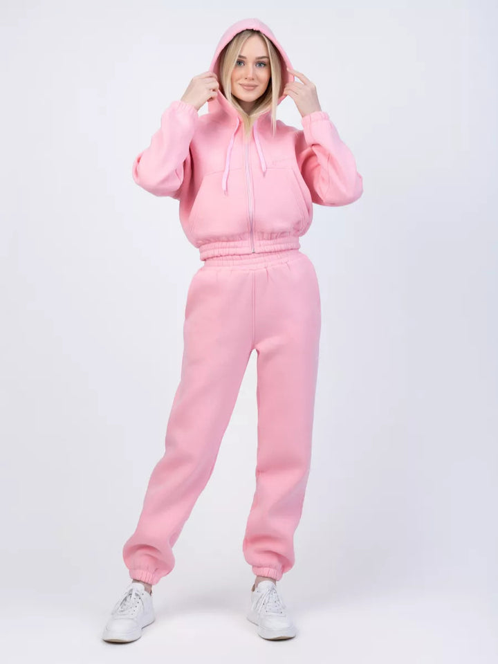 Women Cropped Zip Hoodie with Elastic High-Waist Jogging Pants Mune Fashion