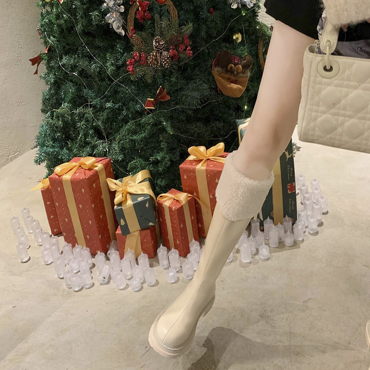 Women Knee-High Boots with Teddy Lining Cuff and Shaped Platform Sole Mune Fashion