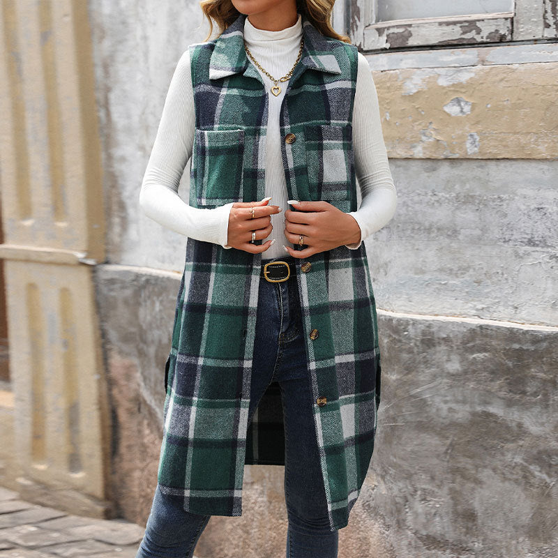 Ladies Long Gilet with Check Pattern Mune Fashion