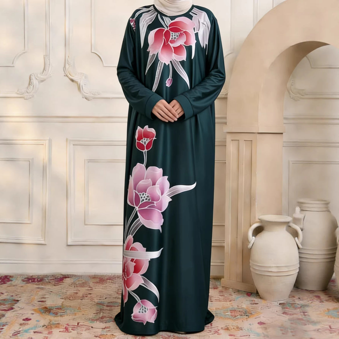 Women's maxi dress in kaftan style with hand-painted floral print Mune Fashion