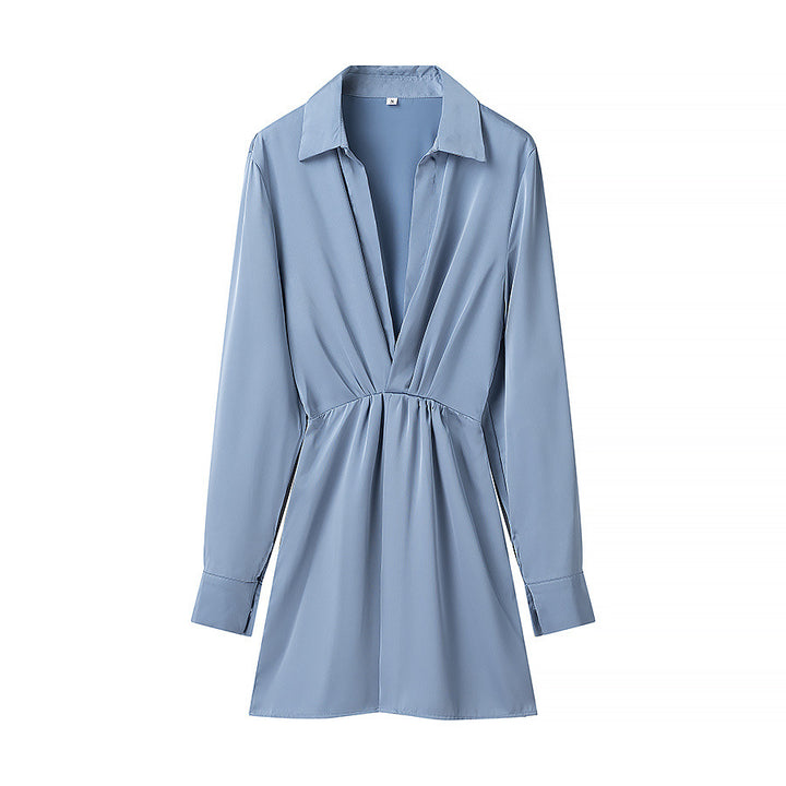 Women's fitted shirt mini dress with deep V-neck, gathered waistband and cuffed sleeves Mune Fashion
