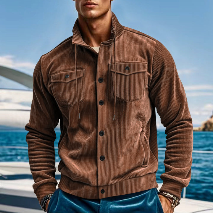 Men's casual fine ribbed cord jacket with stand-up collar, chest pockets and elastic hem Mune Fashion