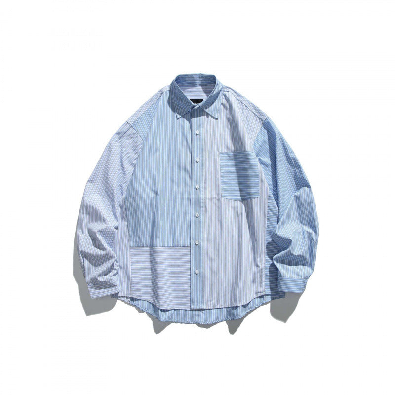 Unisex Oversize Shirt Jacket in Patchwork Stripe Look with Chest Pocket and Rounded Hem Mune Fashion