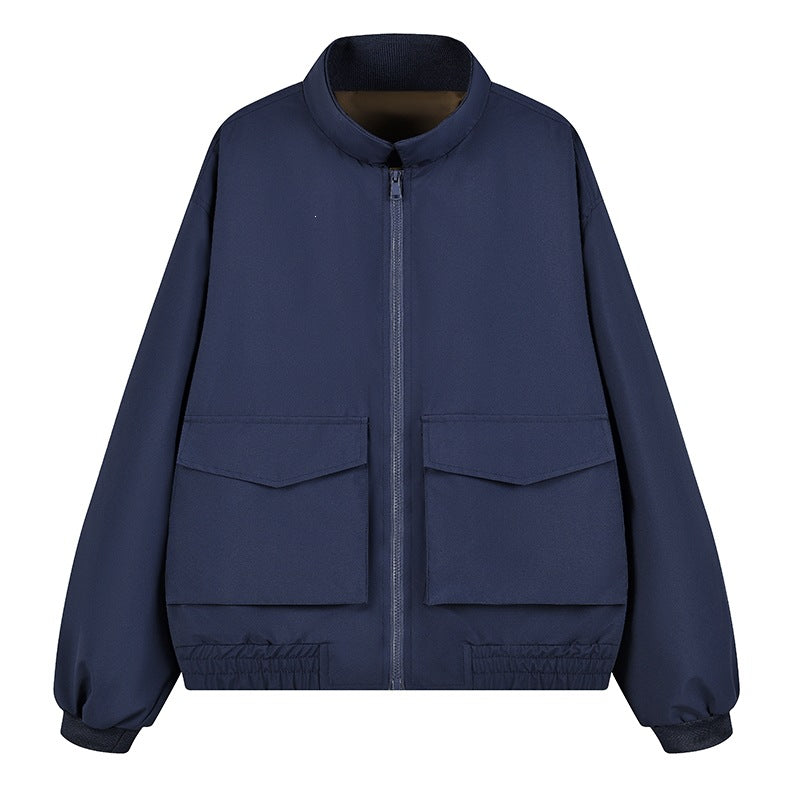 Men's Boxy Utility Bomber Jacket with Large Flap Pockets, Stand Collar & Zipper Mune Fashion