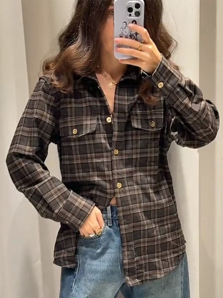 Women Checked Overshirt with Chest Pockets and Gold Snap Buttons Mune Fashion