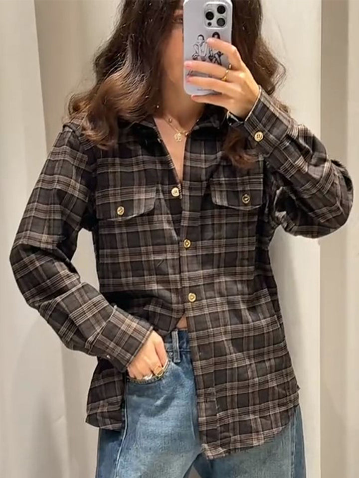 Women Checked Overshirt with Chest Pockets and Gold Snap Buttons Mune Fashion