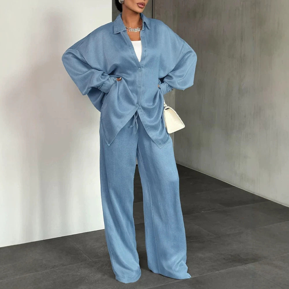 Women's Two-Piece Oversized Shirt and Palazzo Set in Flowing Denim Look Drune
