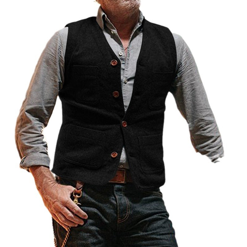 Men's Wool Look Structure Vest with V-Neck, Patch Pockets & Button Placket Mune Fashion