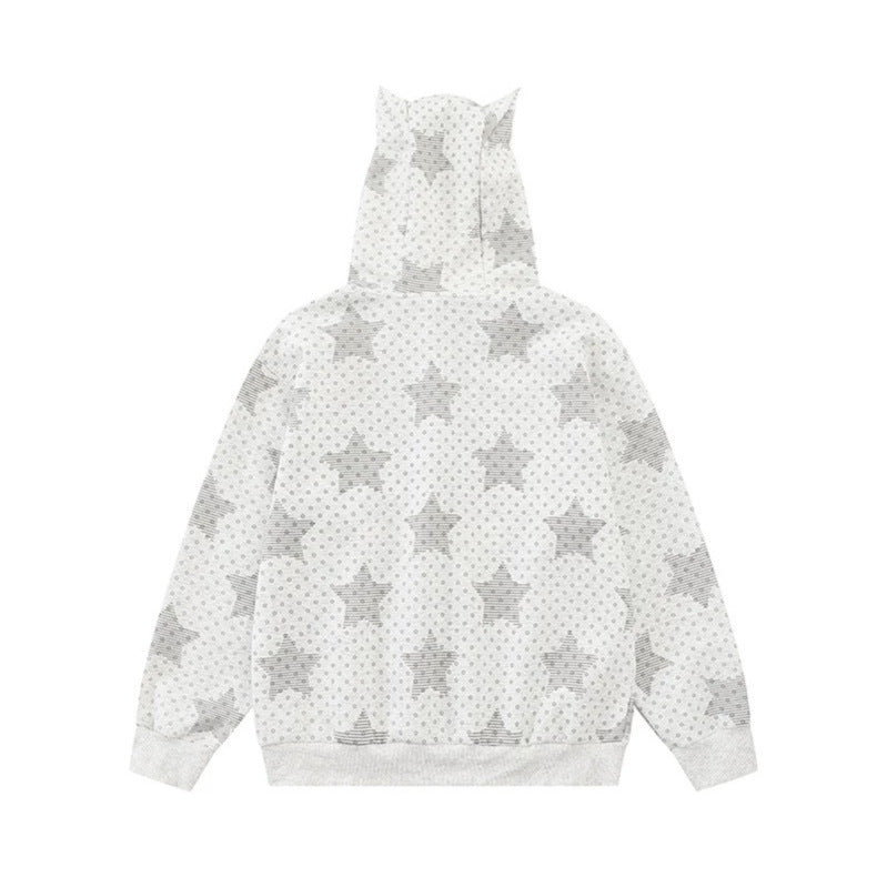 Women's Hoodie Sweat Jacket with 3D Ear Appliqués, Full Zip and Playful Military Illustration Print Mune Fashion