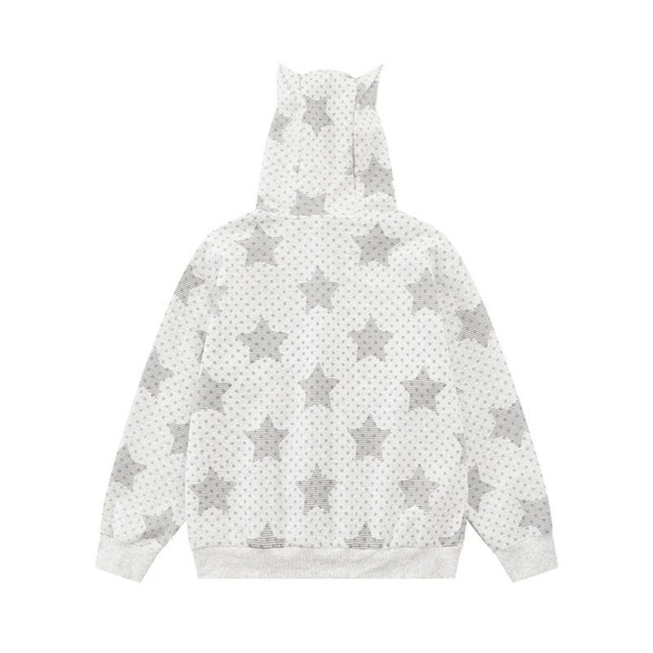 Women's Hoodie Sweat Jacket with 3D Ear Appliqués, Full Zip and Playful Military Illustration Print Mune Fashion
