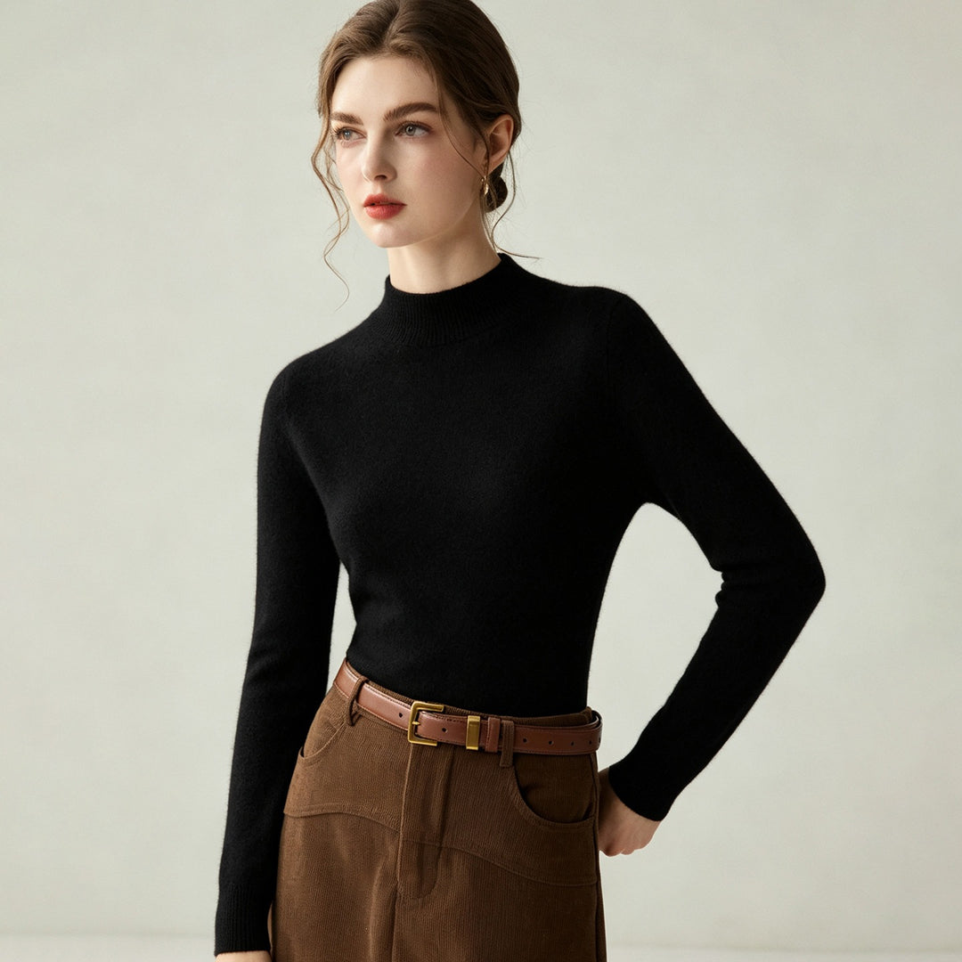 Women's Slim Mock Neck Fine Knitted Sweater with Cashmere-Like Feel Mune Fashion