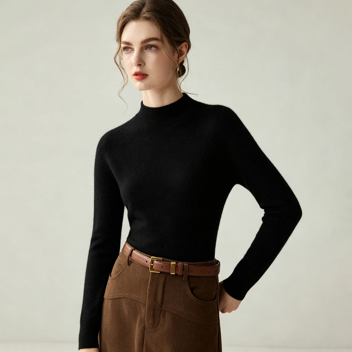 Women's Slim Mock Neck Fine Knitted Sweater with Cashmere-Like Feel Mune Fashion