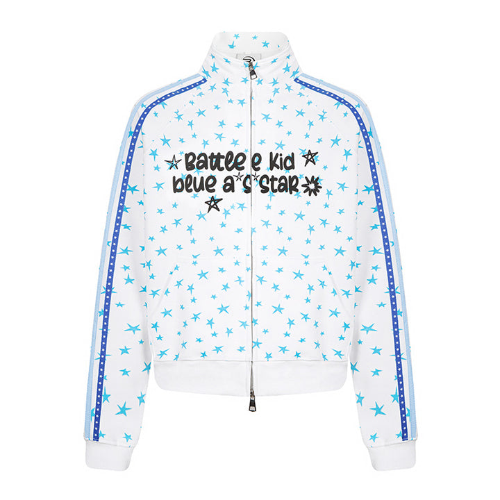 Women's sweat jacket in retro track style with stand-up collar, star print, and contrast stripes.