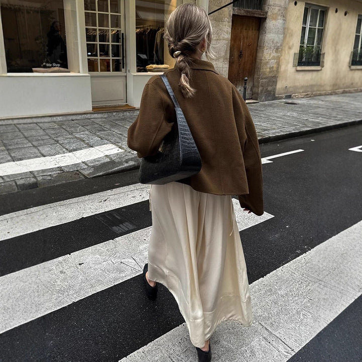 Women Short Wool Blend Blazer with Boxy Silhouette and Extra Long Sleeves Mune Fashion