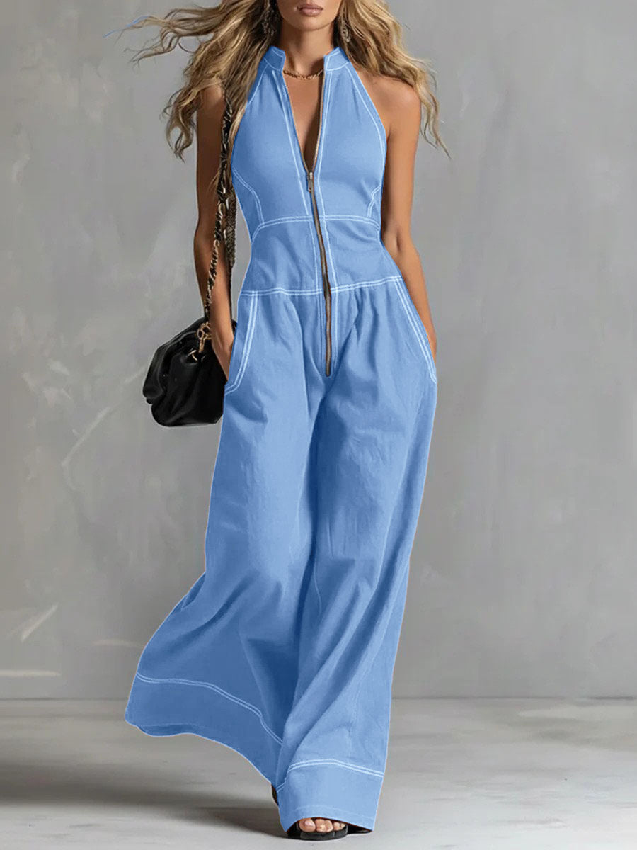 Women's Sleeveless Halter Jumpsuit with Zipper, Wide Leg and Side Pockets Mune Fashion
