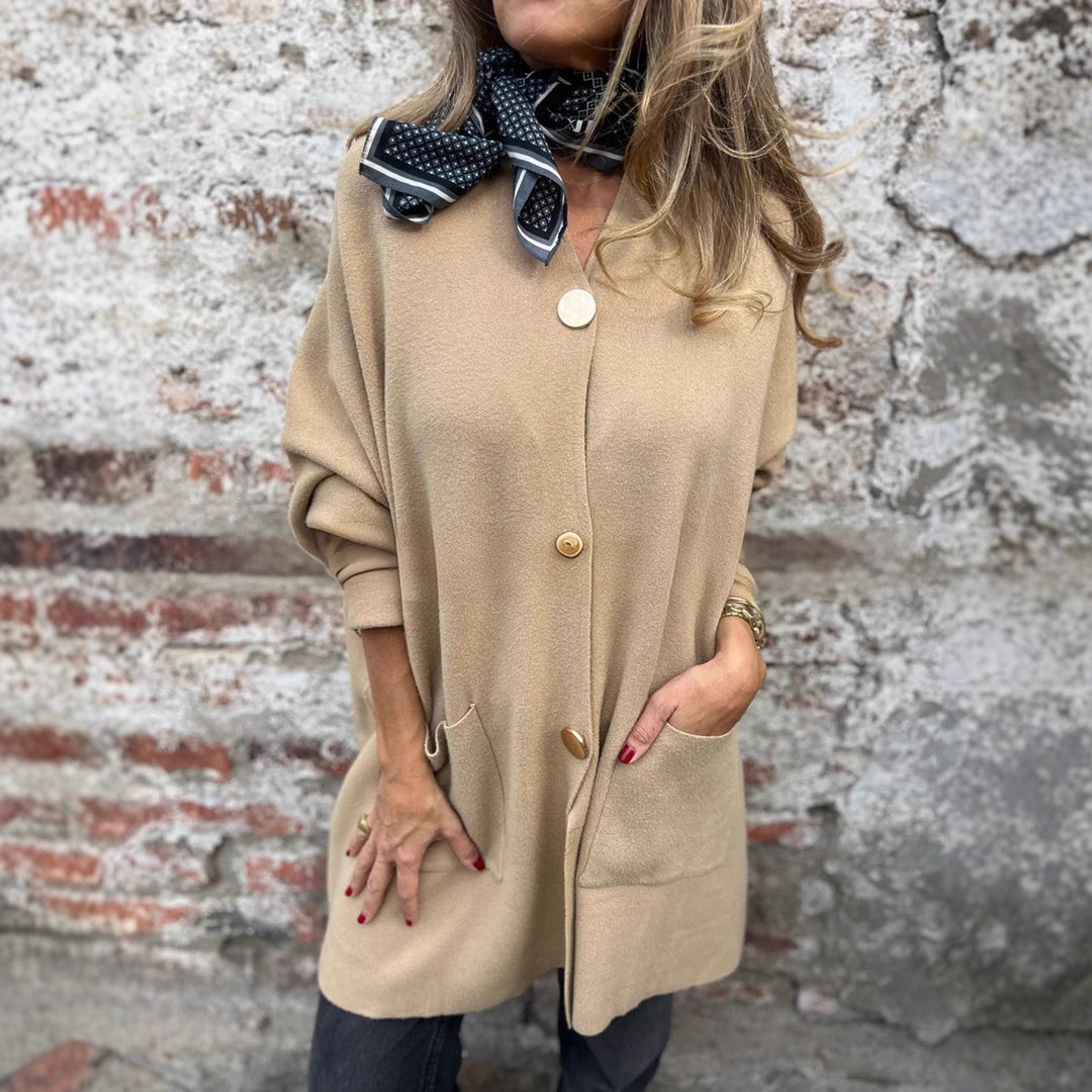 Women Oversized Knit Coat-Cardigan with Sewn Pockets and Decorative Buttons Mune Fashion