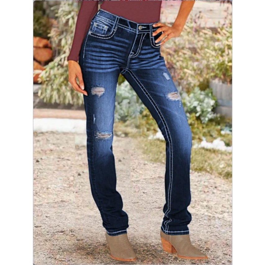Women Sculpting Straight Denim with contrasting seam details and destroyed details Mune Fashion
