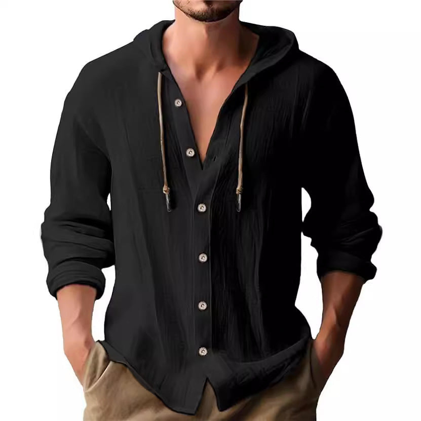 Men's casual hooded shirt with full button placket, drawstring, and lightweight linen look Mune Fashion