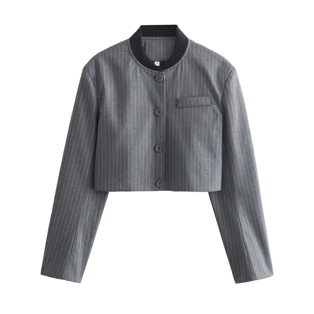 Women Two-Piece Pinstripe Suit Set with Short Stand Collar Blazer and Wide Pleat Pants Mune Fashion