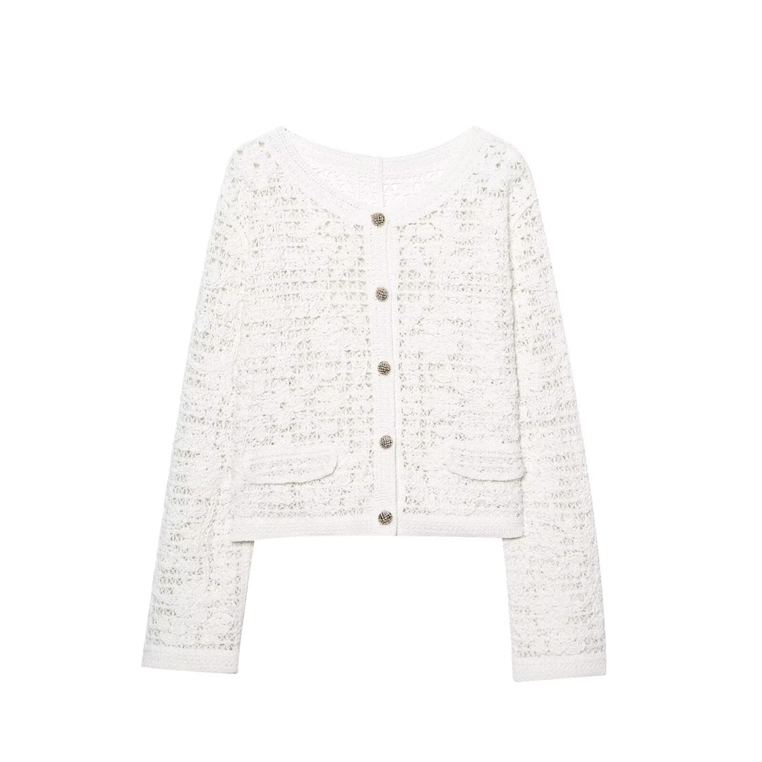 Women's Crocheted Short Jacket in Boucle Look with Decorative Buttons and Patch Pockets Mune Fashion