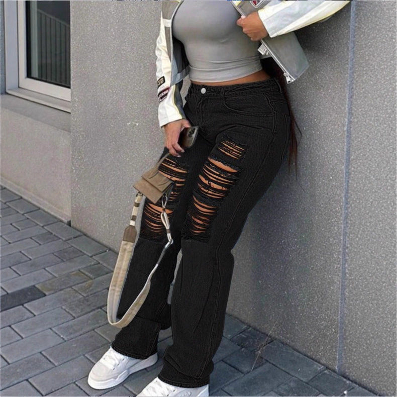 Women's high-cut wide denim jeans with pronounced ripped details and a casual fit Mune Fashion