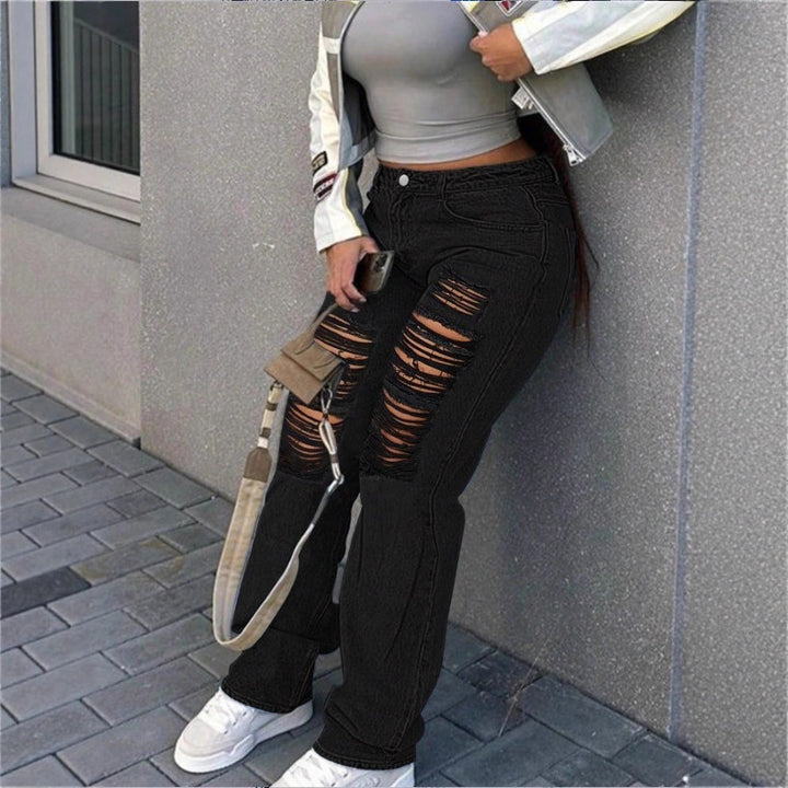 Women's high-cut wide denim jeans with pronounced ripped details and a casual fit Mune Fashion