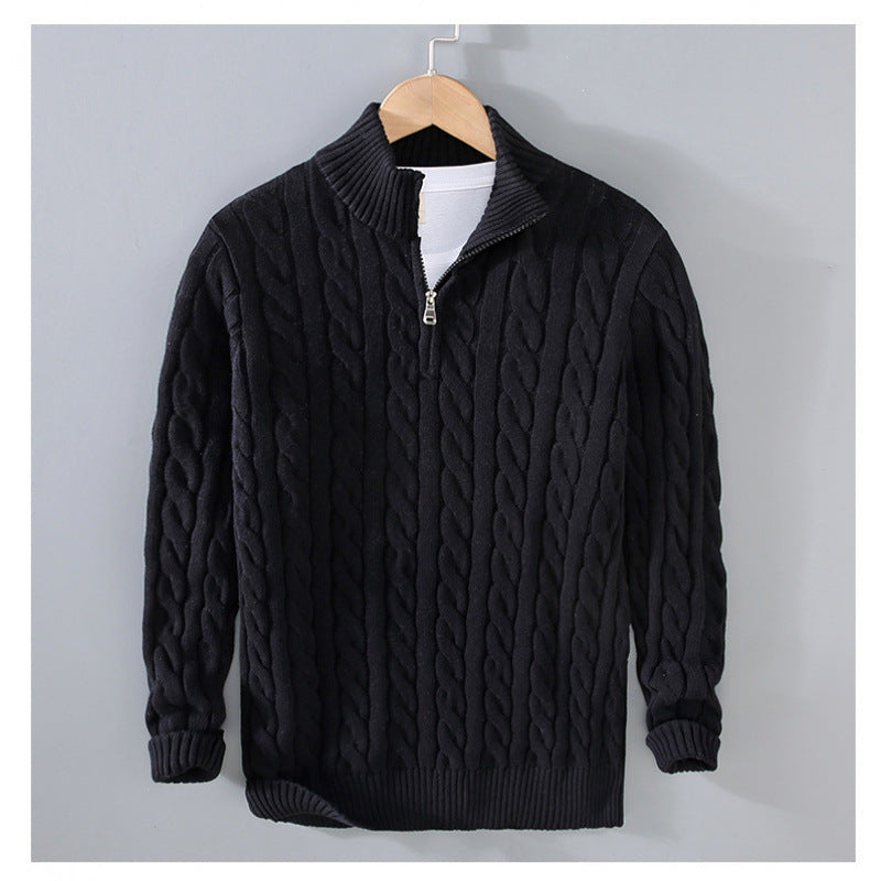 Men's cable knit semi-zip pullover made of soft cotton blend with stand-up collar Mune Fashion